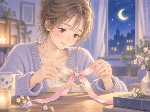 切れたリボンを結び直す女性の手