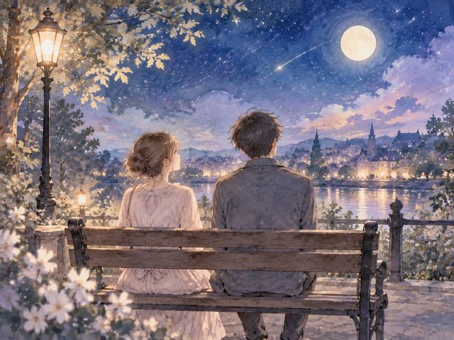 夜空の下で二人の距離を表す幻想的なデート風景