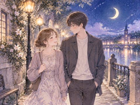 好きな人と並んで歩く夢のような夜の場面