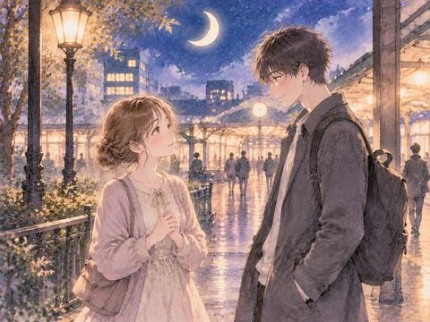 知らない相手と出会う幻想的な夜の場面