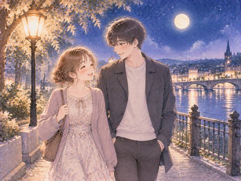 笑顔で楽しく歩く二人の夜のデート風景