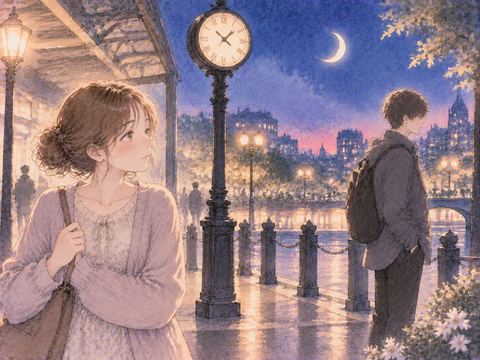 少し離れた距離にいる二人の静かな夜の場面
