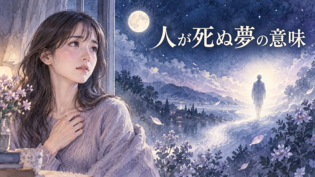 夜の窓辺で不安そうに夢を振り返る大人の女性と淡く遠ざかる人影