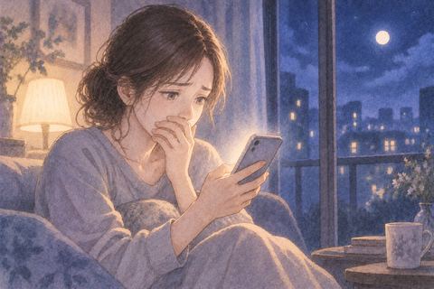 夜にスマートフォンの知らせを見て表情を曇らせる人物