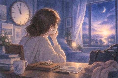 夜の夢で時計と遠い光を見つめながら何かを考える人物