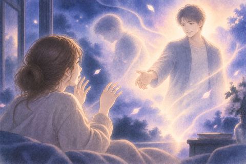 淡い光の中で消えかけた人影が再び輪郭を取り戻す夢の場面