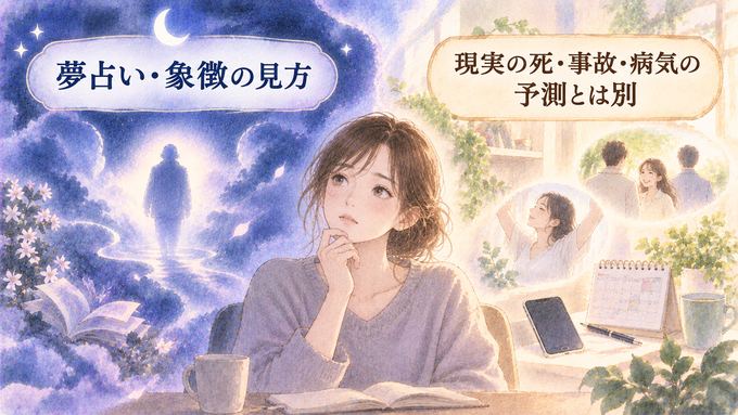 夢の中の人影と現実の体調や安全確認を別々に見る人物の図