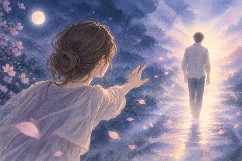 夜の夢で大切な相手が淡い光の向こうへ遠ざかり手を伸ばす人物