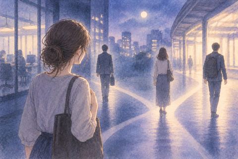 夜の廊下で知人の人影が別の方向へ歩き距離が開いていく場面