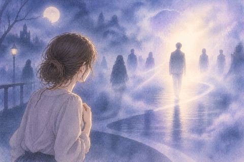霧のような夢の中で見知らぬ人影が淡く消えていくのを見つめる人物