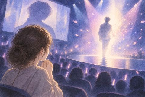 夢の舞台で憧れの人物のシルエットが光の中へ薄れ見つめる人物