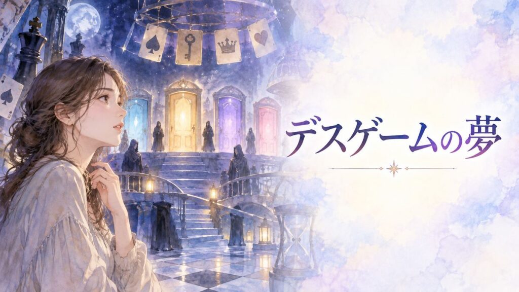 夜のゲーム会場を見つめる大人の女性と複数の扉