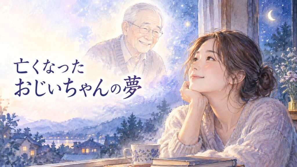 夜の窓辺で亡き祖父の姿を思い浮かべる大人の女性