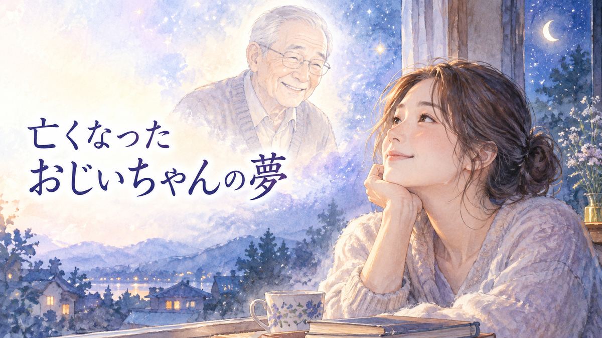 夜の窓辺で亡き祖父の姿を思い浮かべる大人の女性