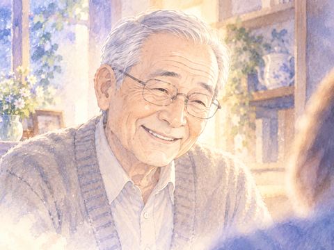 穏やかに微笑む亡くなったおじいちゃんの夢の場面