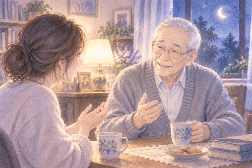 亡くなったおじいちゃんと向かい合って話す夢の場面