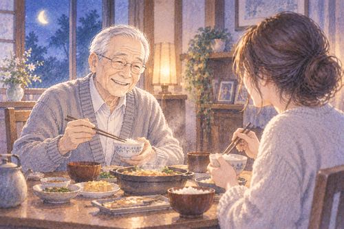 亡くなったおじいちゃんと食卓を囲む夢の場面
