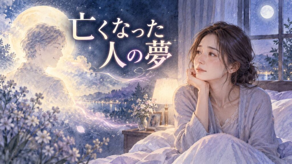 月明かりの部屋で夢の中の故人の姿を見つめる大人の女性