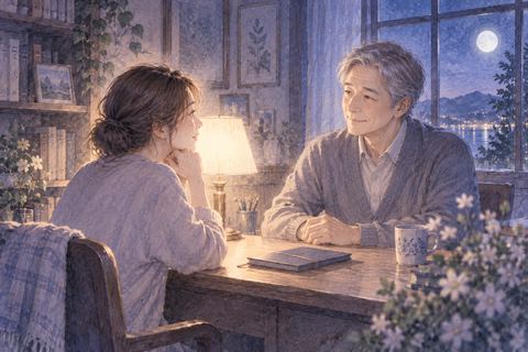 夜の書斎で亡くなった父と向かい合う大人の人物