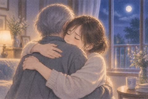月明かりの中で亡くなった人を抱きしめる大人の人物