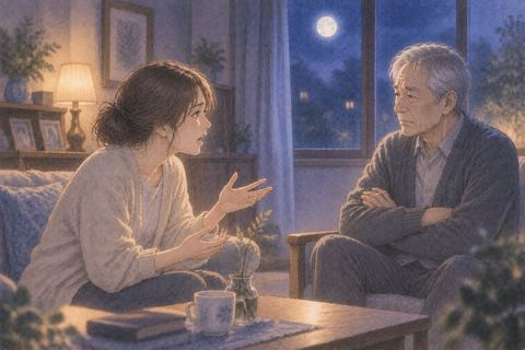 夜の部屋で亡くなった人と言い合う二人の人物