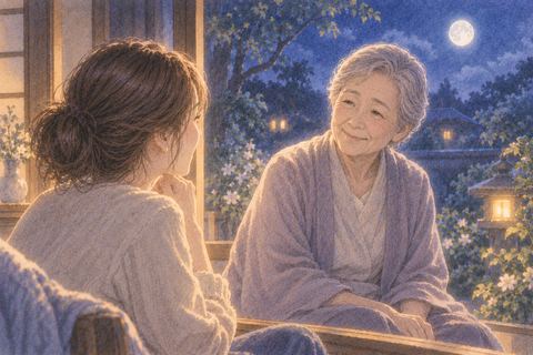 淡い月明かりの中で穏やかに微笑む亡くなった人