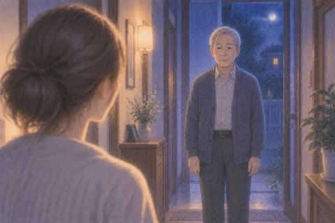 夜の廊下で無表情のまま静かに立つ亡くなった人