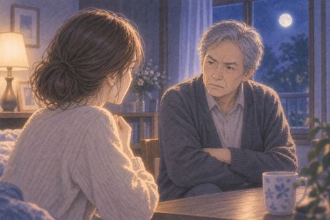 夜の部屋で厳しい表情を見せる亡くなった人と戸惑う人物