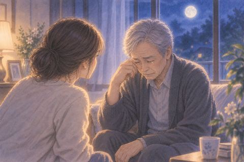 月明かりの中で静かに涙を流す亡くなった人を見つめる人物