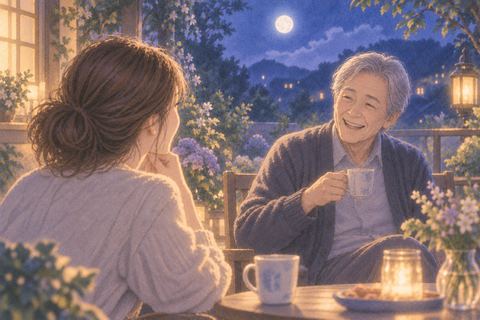 夜の庭で楽しそうに笑う亡くなった人と見守る人物
