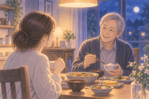 夜の食卓で亡くなった人と普段通り過ごす夢の場面