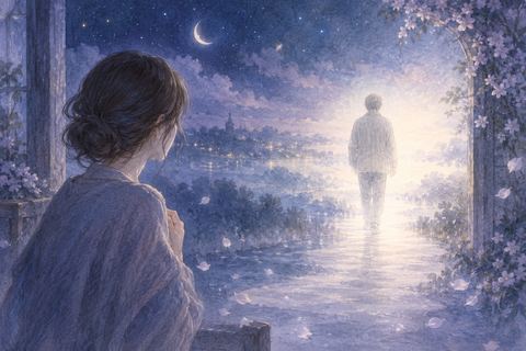 夢の中で遠ざかる亡くなった人を見送る人物