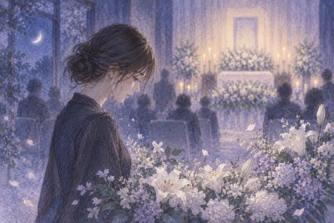 静かな葬式の場で花を見つめる人物の夢