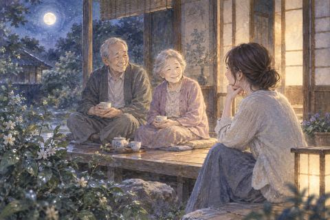 昔の家の縁側にいる亡くなった祖父母と大人になった人物