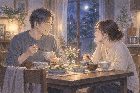 夜の食卓で亡くなったパートナーと向かい合う大人の人物