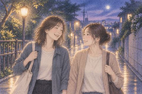 夜の帰り道で亡くなった友人と並んで歩く大人の人物