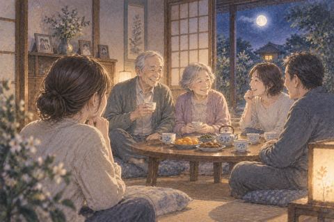 昔の家で亡くなった家族や親戚と囲む穏やかな団らん