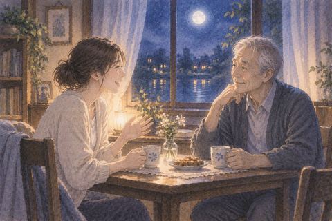 月明かりの窓辺で亡くなった人と向かい合って話す人物