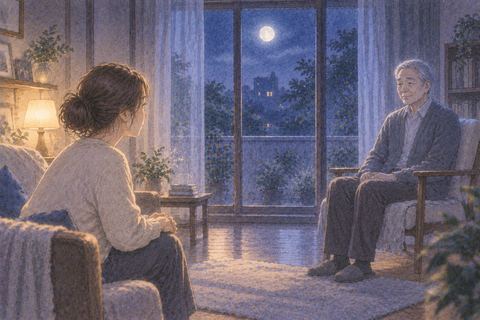 夜の部屋で言葉を交わさず向かい合う人物と亡くなった人