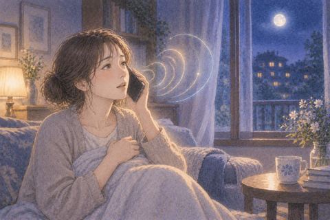 夜の部屋で電話越しに亡くなった人の声を聞く人物