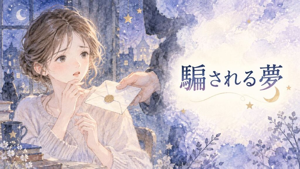 不審な封筒を見つめる大人の女性と夢の光