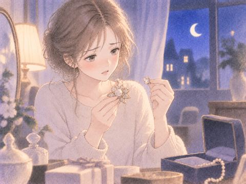 偽物だと気づいた品物を見つめる女性