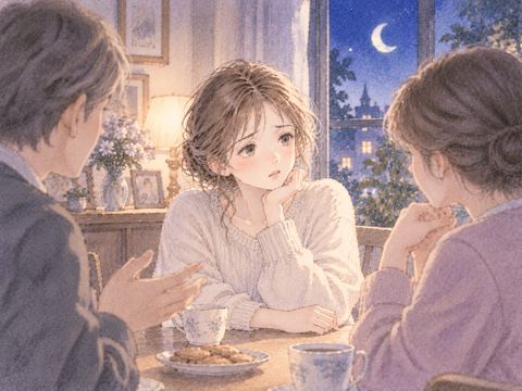 家族の話を聞きながら戸惑う女性