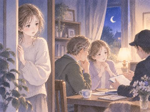 誰かの話を信じる家族を心配して見守る女性