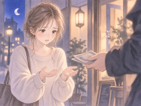 お金を渡したあと不安そうに手元を見る女性