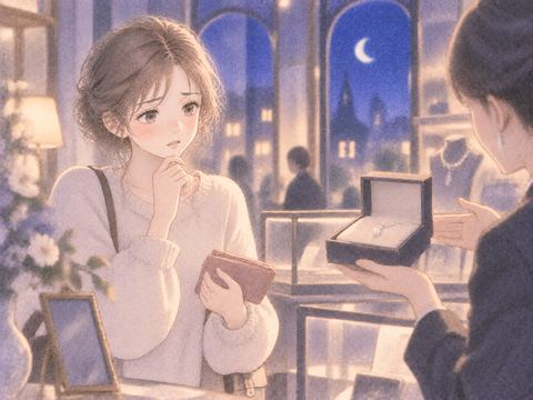 高価な品を勧められて迷う女性