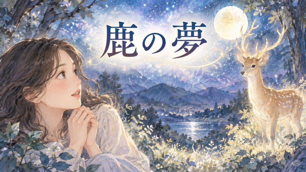 夜の森で鹿を見つめる大人の女性