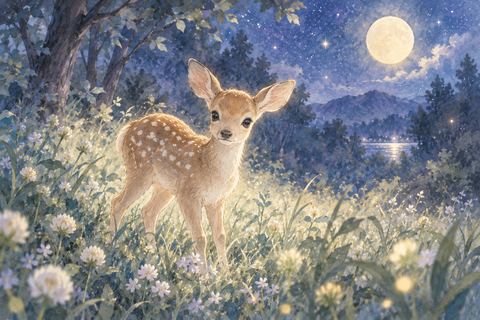 草むらに立つ小さな子鹿