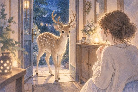 家の中へ入ってきた鹿を見る女性