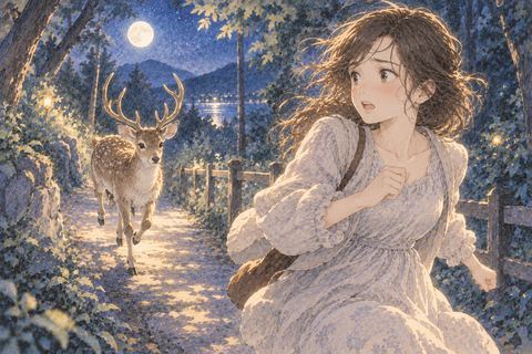 鹿に追われ夜道を走る女性